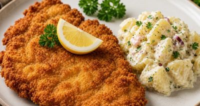 Traditional Viennese Schnitzel Served with Homemade Creamy Potato Salad