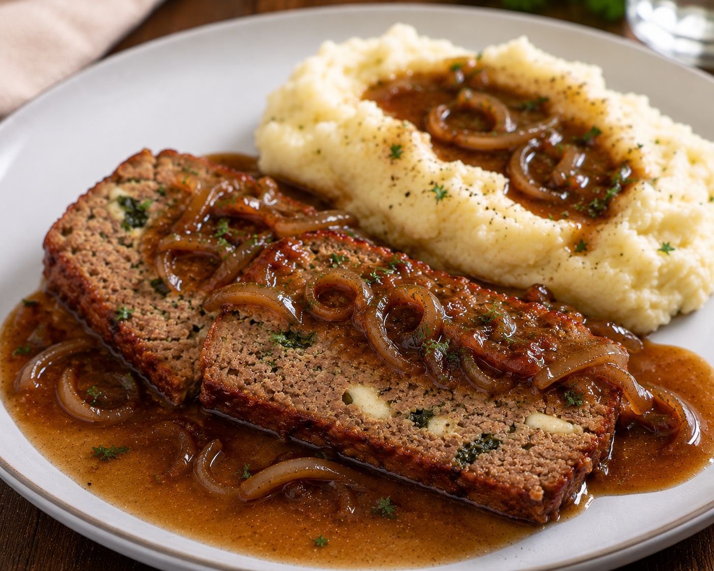 Mozzarella and baby spinach stuffed meatloaf, served with French onion sauce and mashed potatoes