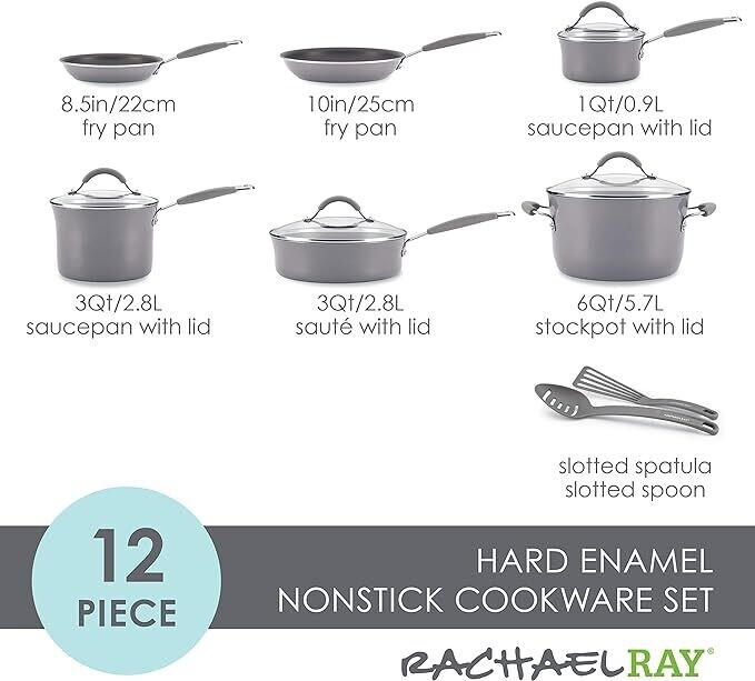 16802 Rachael Ray Cucina Nonstick Cookware Pots and Pans Set, 12 Piece, Sea Salt Gray
