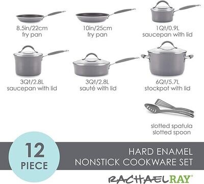 16802 Rachael Ray Cucina Nonstick Cookware Pots and Pans Set, 12 Piece, Sea Salt Gray