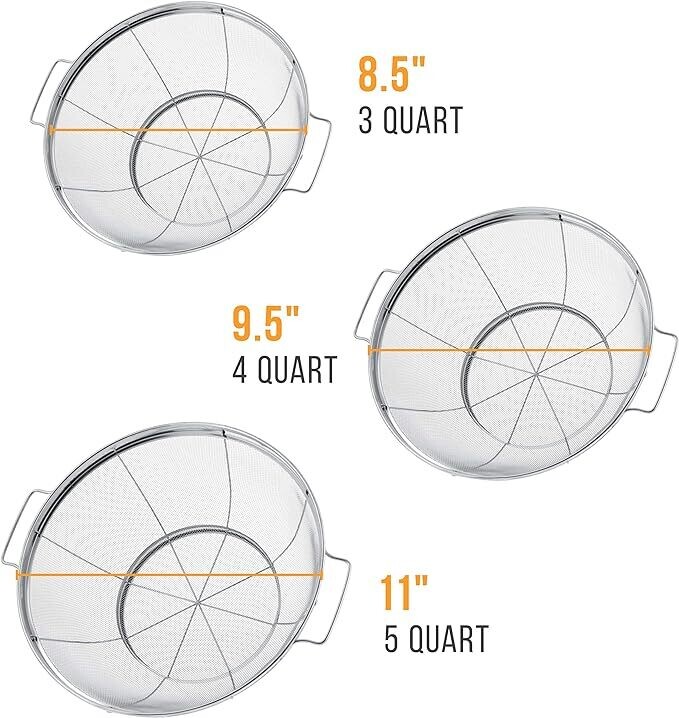 3 Piece Colander Set - Stainless Steel Mesh Strainer Net Baskets with Handles & Resting Base