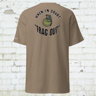 FRAG OUT! Cotton t-shirt for veterans & active-duty Marines, Army, Navy and Airforce.