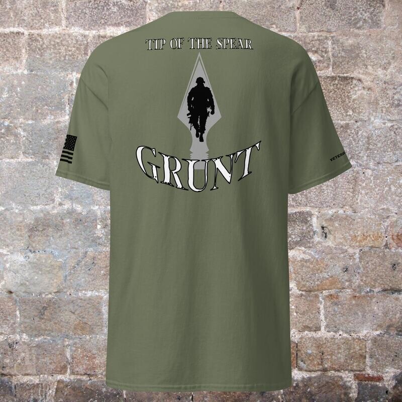 Grunt - Infantry military veteran apparel, &quot;Tip of the Spear - Grunt&quot; on back of t-shirt