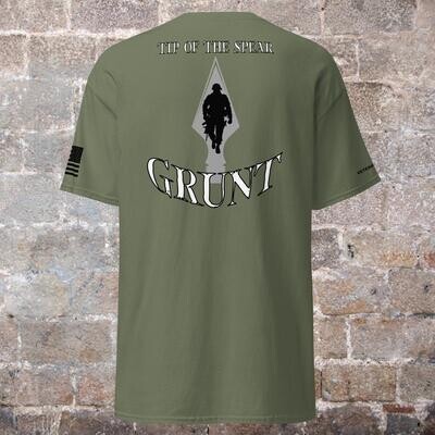 Grunt - Infantry military veteran apparel, "Tip of the Spear - Grunt" on back of t-shirt