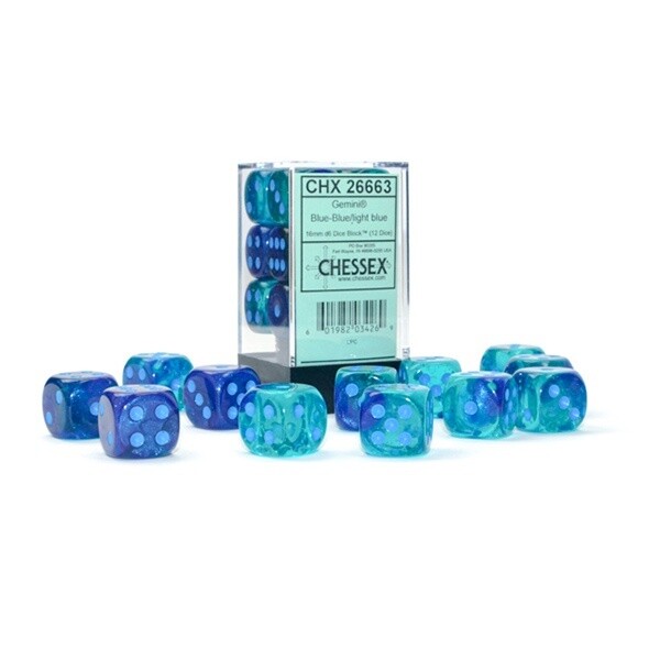 Dice: D6 Black 16mm Gemini Luminary: Blue on Light Blue (12)