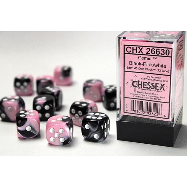Dice: D6 Block 16mm Black &amp; Pink with White (12)