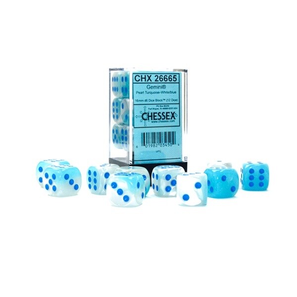 Dice: D6 Block 16mm Gemini Luminary: Pearl Turquoise-White &amp; Blue (12)