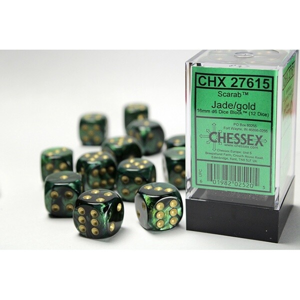 Dice: 16mm 12 D6 Scarab: Jade with Gold