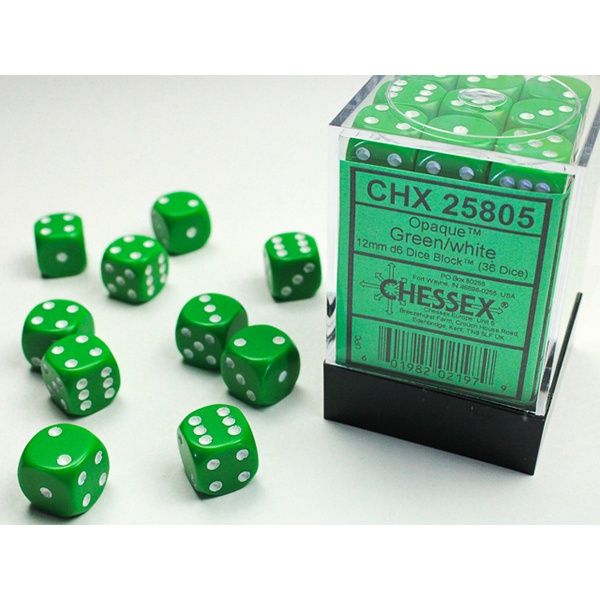 Dice: 12mm 36d6 Opaque Green with White Pip