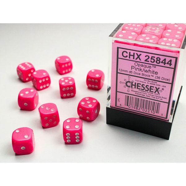 Dice: 12mm 36d6 Opaque Pink with White Pip