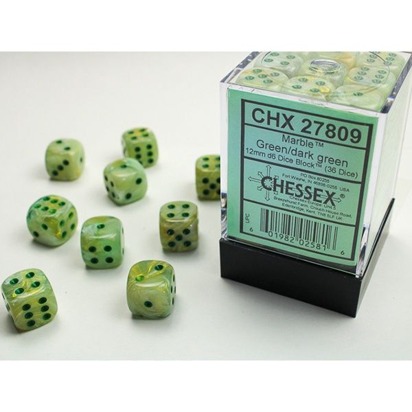 Dice: D6 Block 12mm Marble with Green