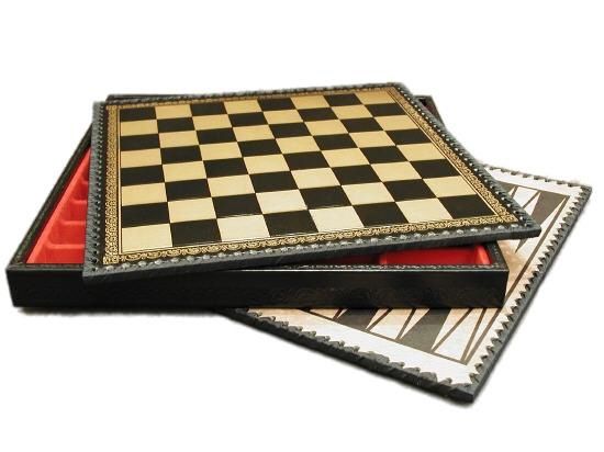 Combo Chess &amp; Backgammon Chest - 14" Black &amp; Gold