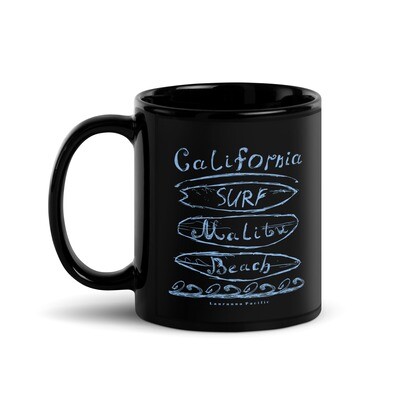 Surfing Malibu Beach California Black Coffee Mug