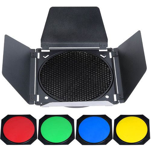 Godox Barndoor Kit with Honeycomb Grid and 4 Color Gel Filters BD-04
