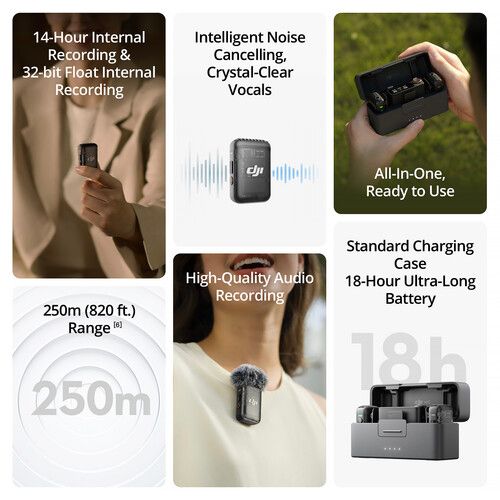 DJI Wireless Microphone System 2-Person Mic 2 with 2TX 1RX and Charging Case for Cameras and Phones