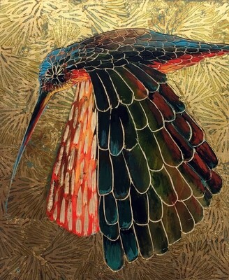 Feathered Messenger - 20"x16" - Mixed Media on Carved Wood