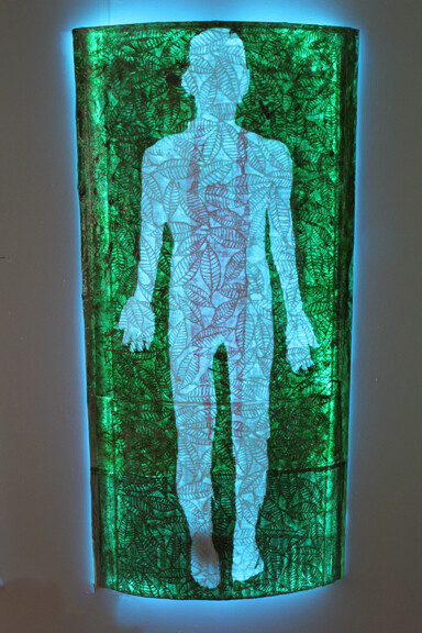 Humano Luminary #3 - Adam of the Leaves (lit), 47.5"x22.5"x3.5", heat-formed plexiglass with acrylic on paper and LEDs
