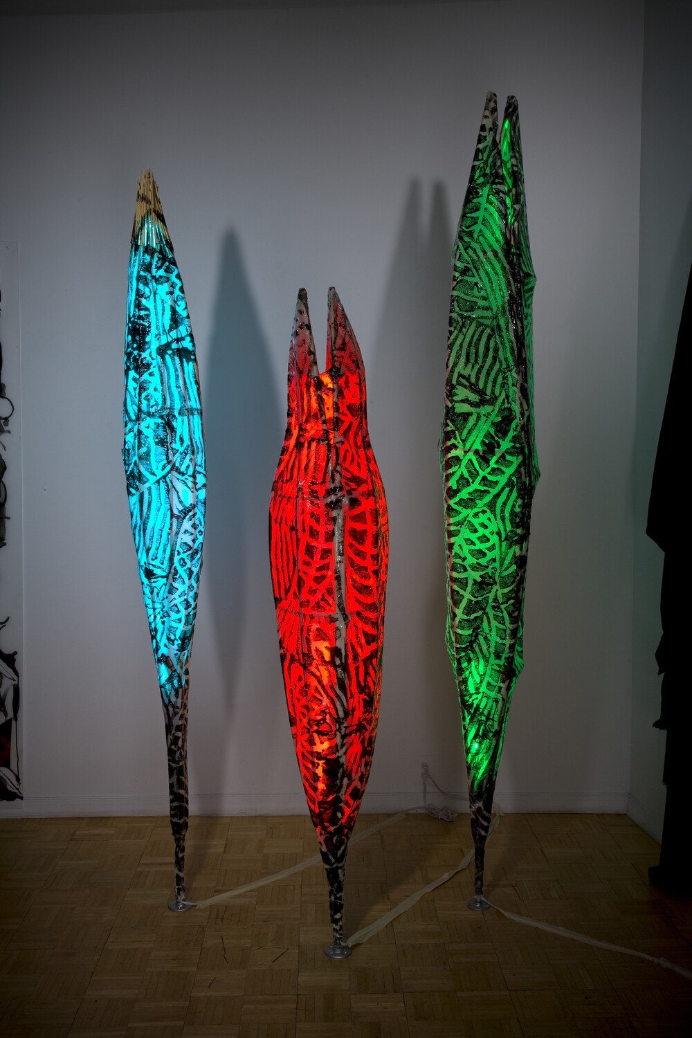 Chrysalis Series - Sizes 7 to 8 feet tall - Acrylic on hand-made print, LEDs