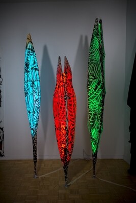 Chrysalis Series - Sizes 7 to 8 feet tall - Acrylic on hand-made print, LEDs