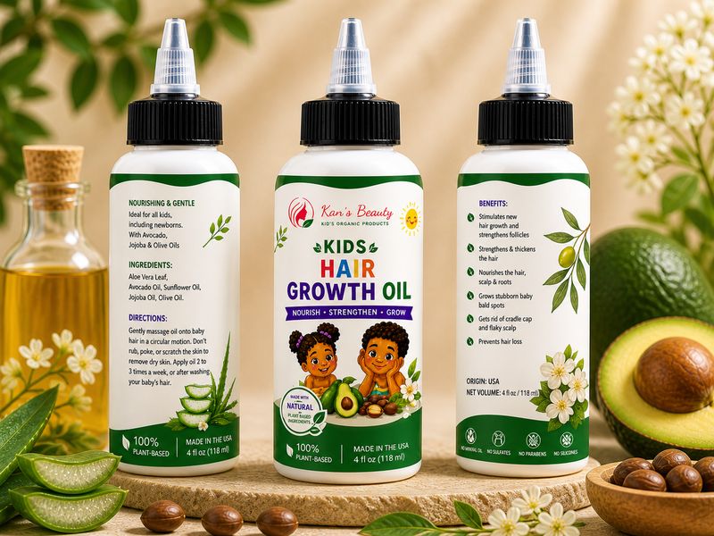 Kan's Beauty Kids Organic Hair Growth Oil with Aloe Vera for Gentle and Nourishing Haircare