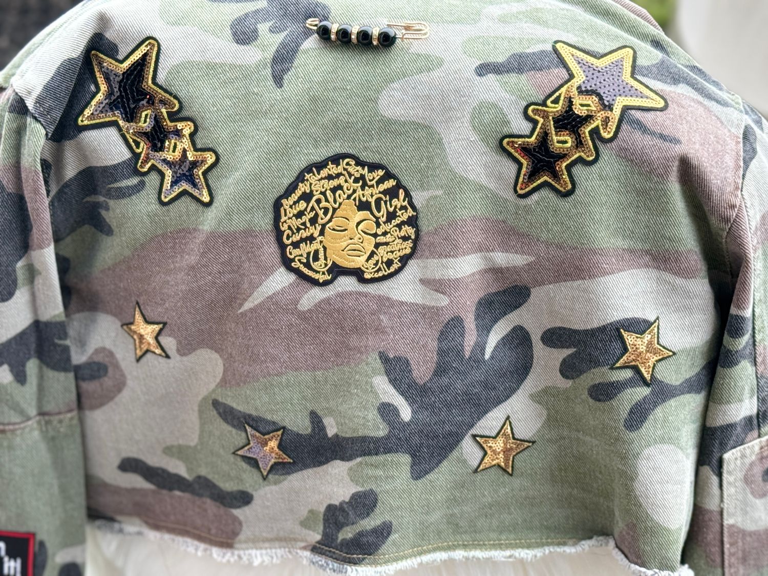 PATCHWORKZ: Denim camo short jacket with patches, customized