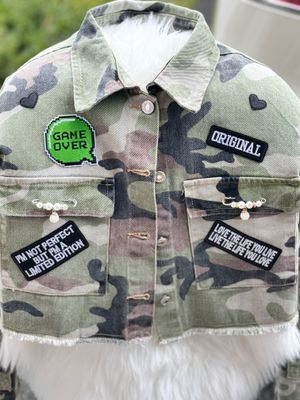 PATCHWORKZ: Denim camo short jacket with patches, customized