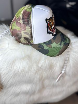 PATCHWORKZ: Trucker Camo Mesh Back Hat With Tiger Patch.