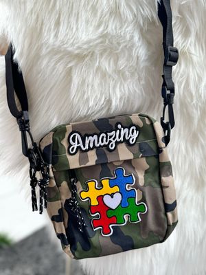 PATCHWORKZ: Camo Autism Awareness Crossbody Bag With Adjustable Strap, With Patches