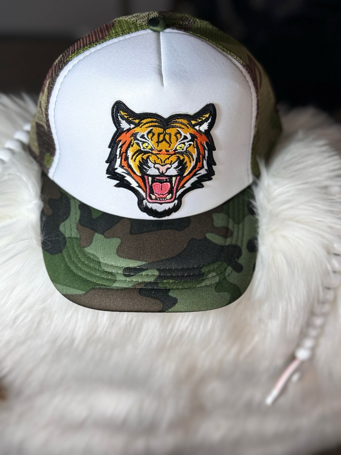 PATCHWORKZ: Trucker Camo Mesh Back Hat With Tiger Patch.