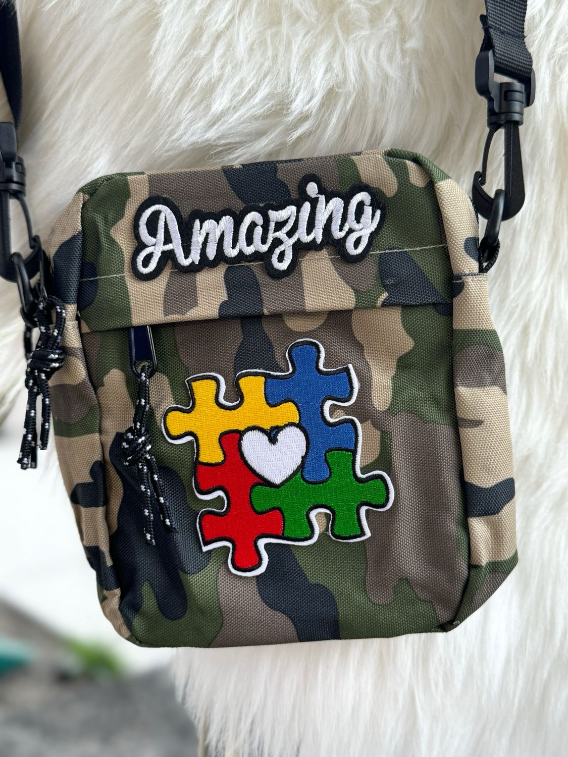 PATCHWORKZ: Camo Autism Awareness Crossbody Bag With Adjustable Strap, With Patches