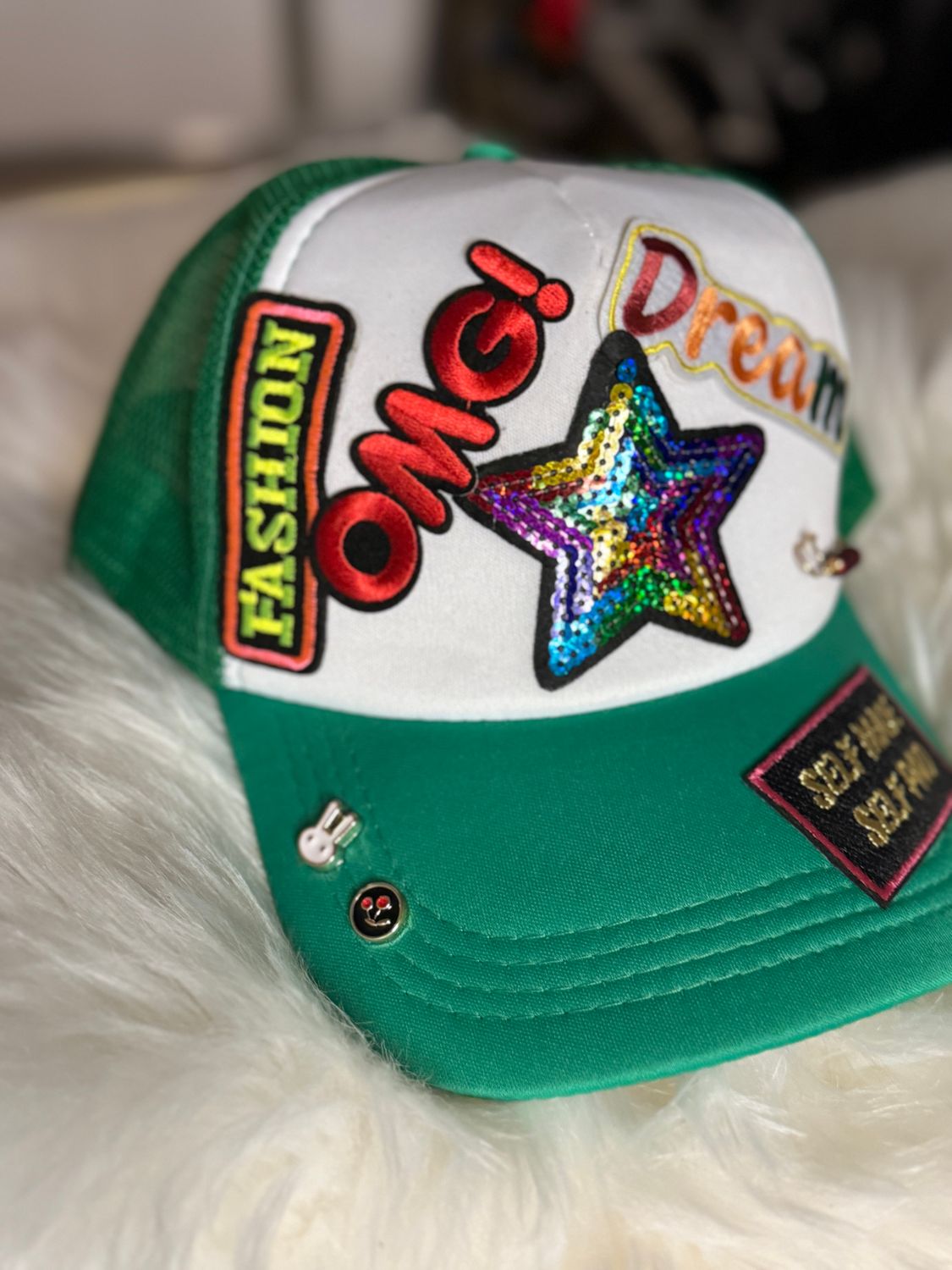 PATCHWORKZ: Soft Foam trucker hat with multiple patches and hats pins
