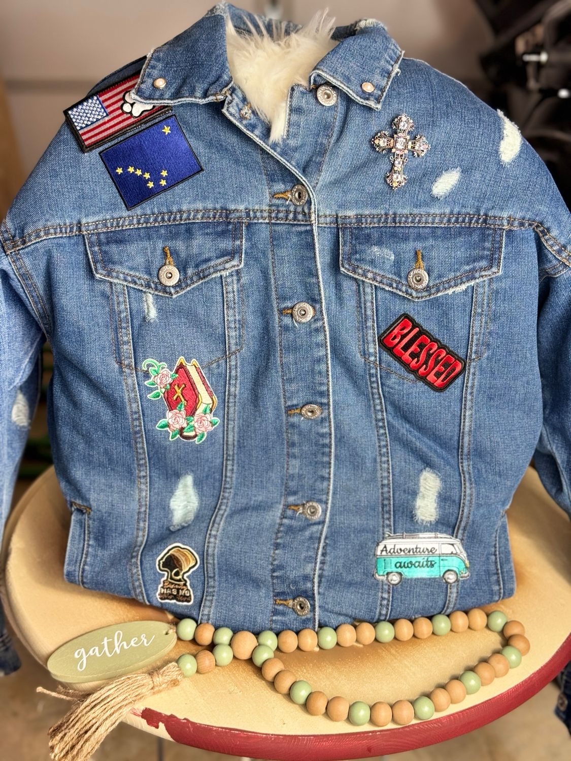 PATCHWORKZ Themed sewn Patches Thigh Length Jean Jacket