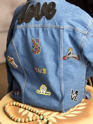 PATCHWORKZ Themed sewn Patches Thigh Length Jean Jacket