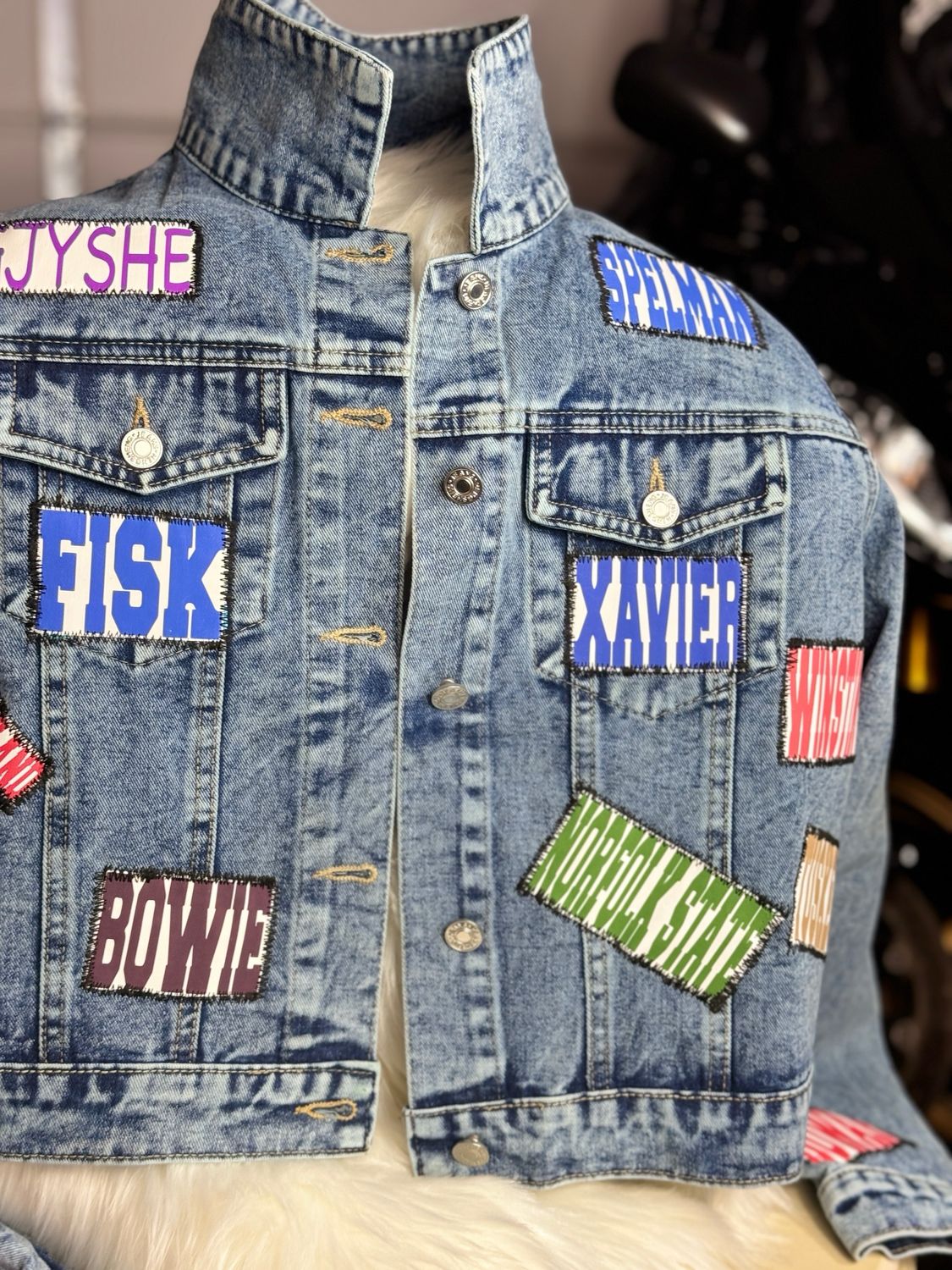 PATCHWORKZ: HBCU Themed Handmade Patches. Denim Jacket With Stitched Patches