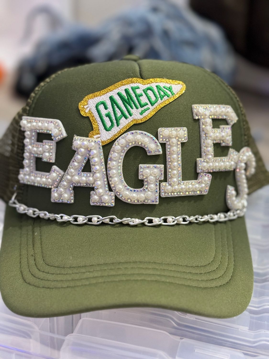 PATCHWORKZ: Customized soft foam trucker hat with mesh and snapback with eagles beaded letters and chain