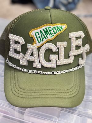 PATCHWORKZ: Customized soft foam trucker hat with mesh and snapback with eagles beaded letters and chain