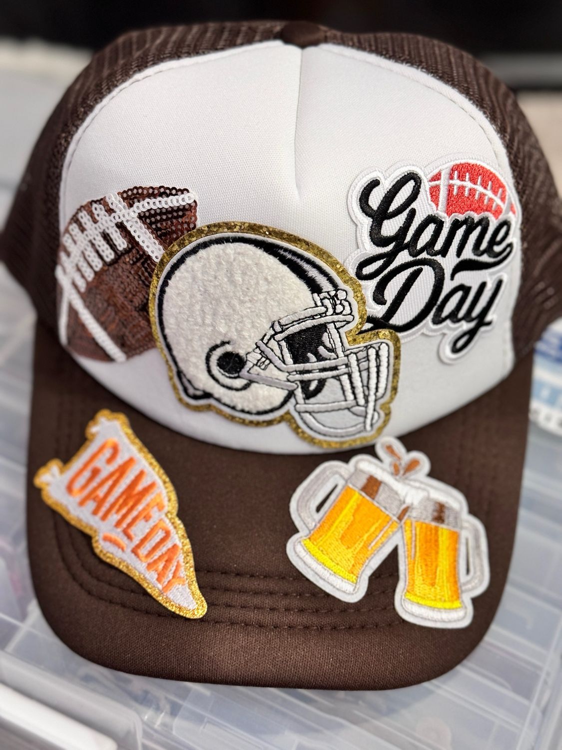 PATCHWORKZ: Patched Football Themed   Trucker Hat.