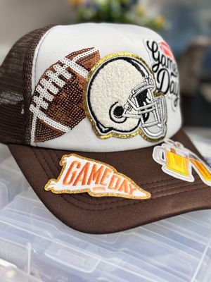 PATCHWORKZ: Patched Football Themed   Trucker Hat.
