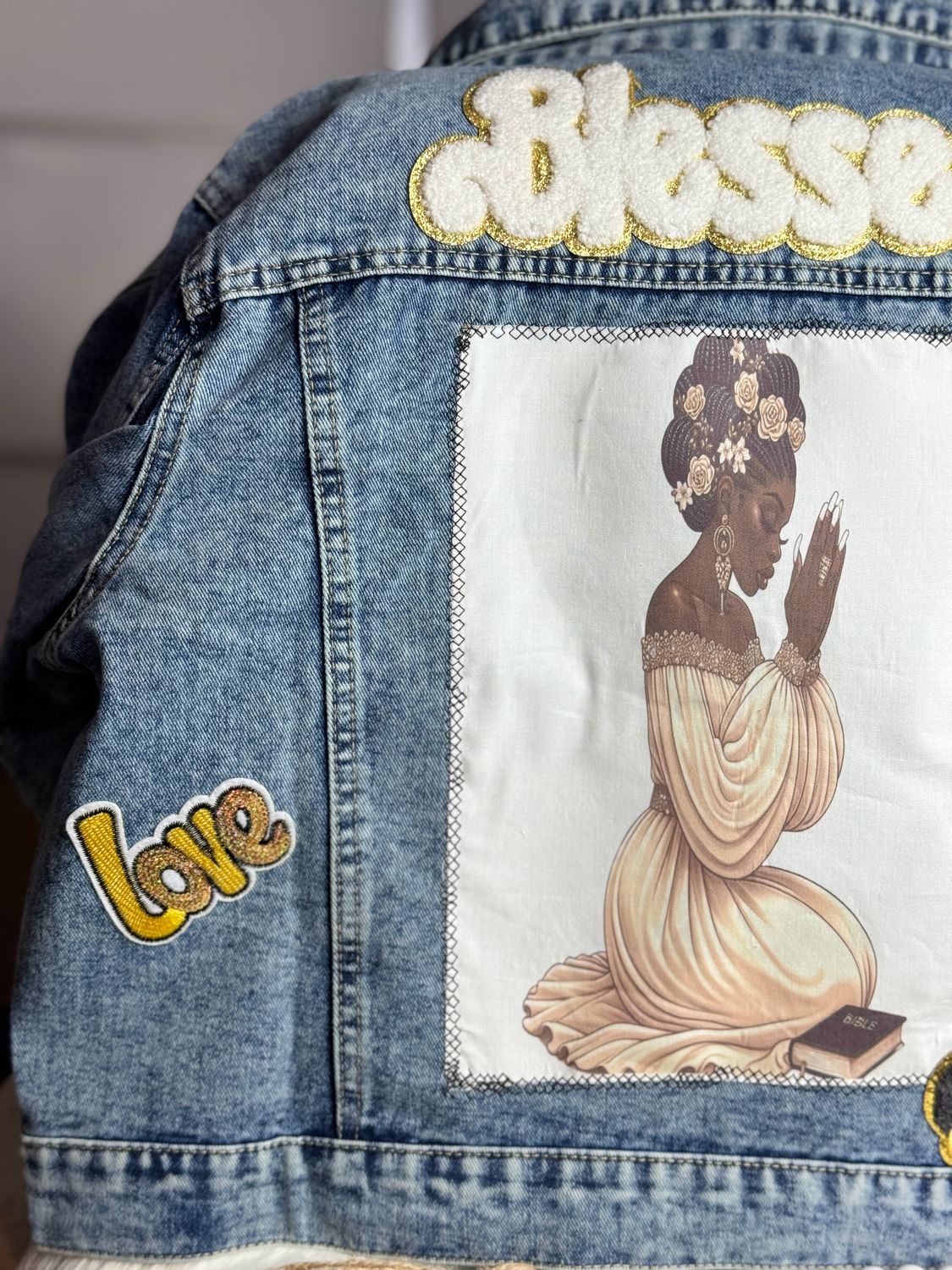 PATCHWORKZ: Customized denim jacket with handmade back patch with canvas fabric, chenille  patch