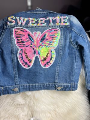 PATCHWORKZ: Toddler girl denim jacket with large patch and beaded letter wording