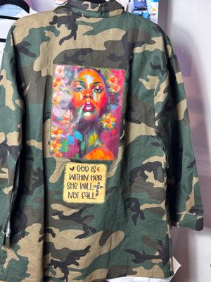 PATCHWORKZ: Quarter length jacket  with motivational saying and coloful patches