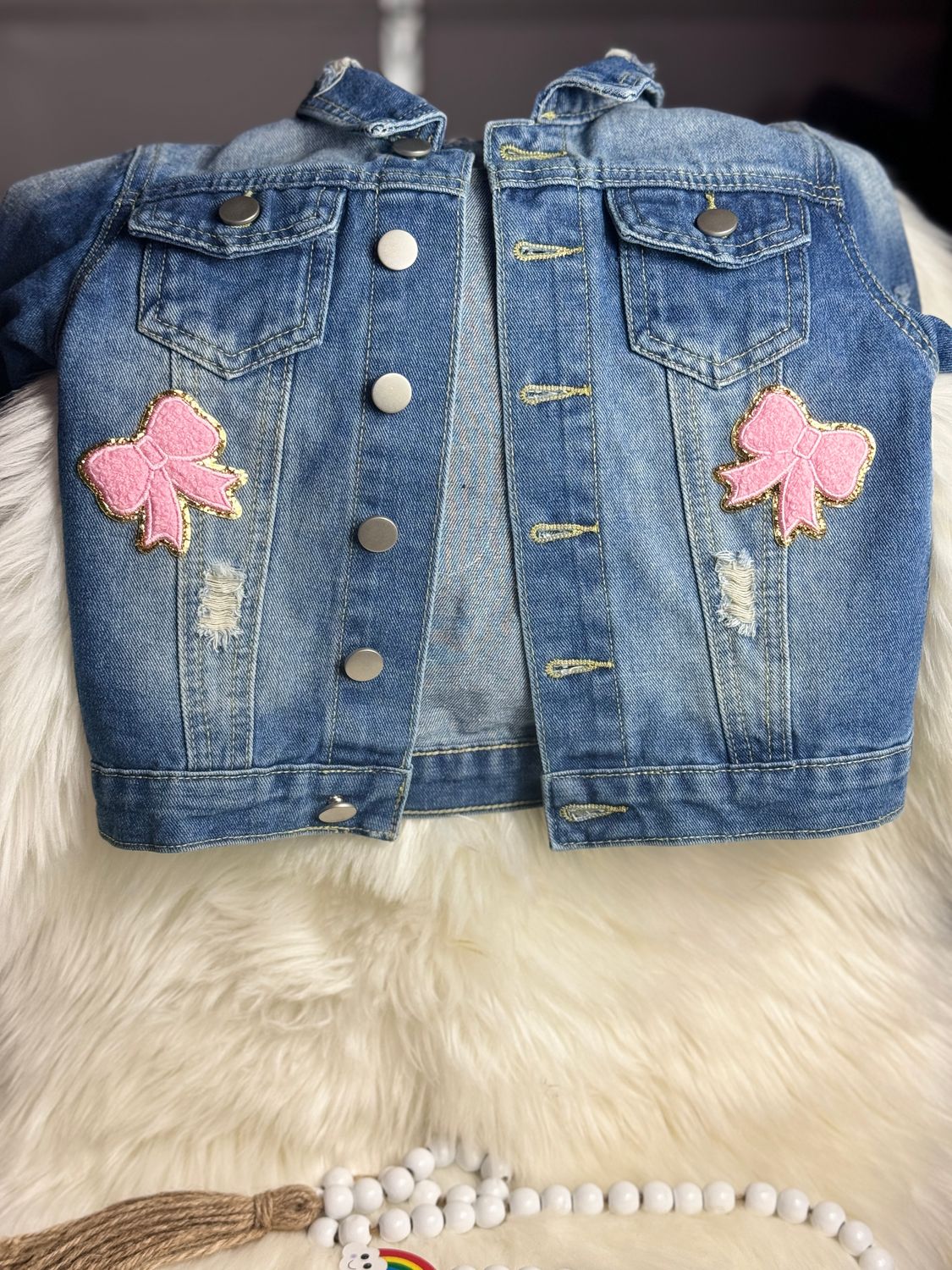 PATCHWORKZ: Toddler girl denim jacket with large patch and beaded letter wording