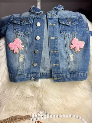 PATCHWORKZ: Toddler girl denim jacket with large patch and beaded letter wording