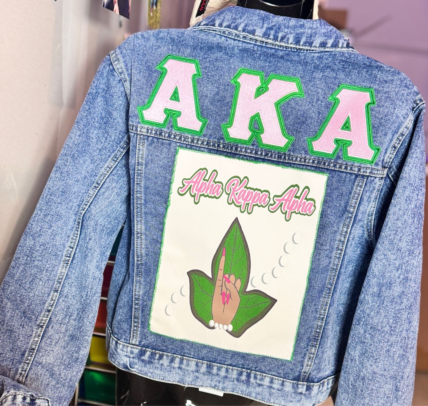 PATCHWORKZ: AKA Themed Denim Jacket With Handmade Large Back Patch, embroidered patches and a brooch bought from authorized AKA seller.