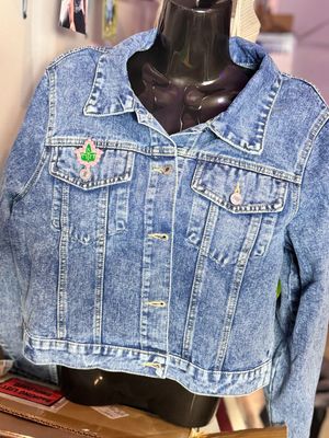PATCHWORKZ: AKA Themed Denim Jacket With Handmade Large Back Patch, embroidered patches and a brooch bought from authorized AKA seller.