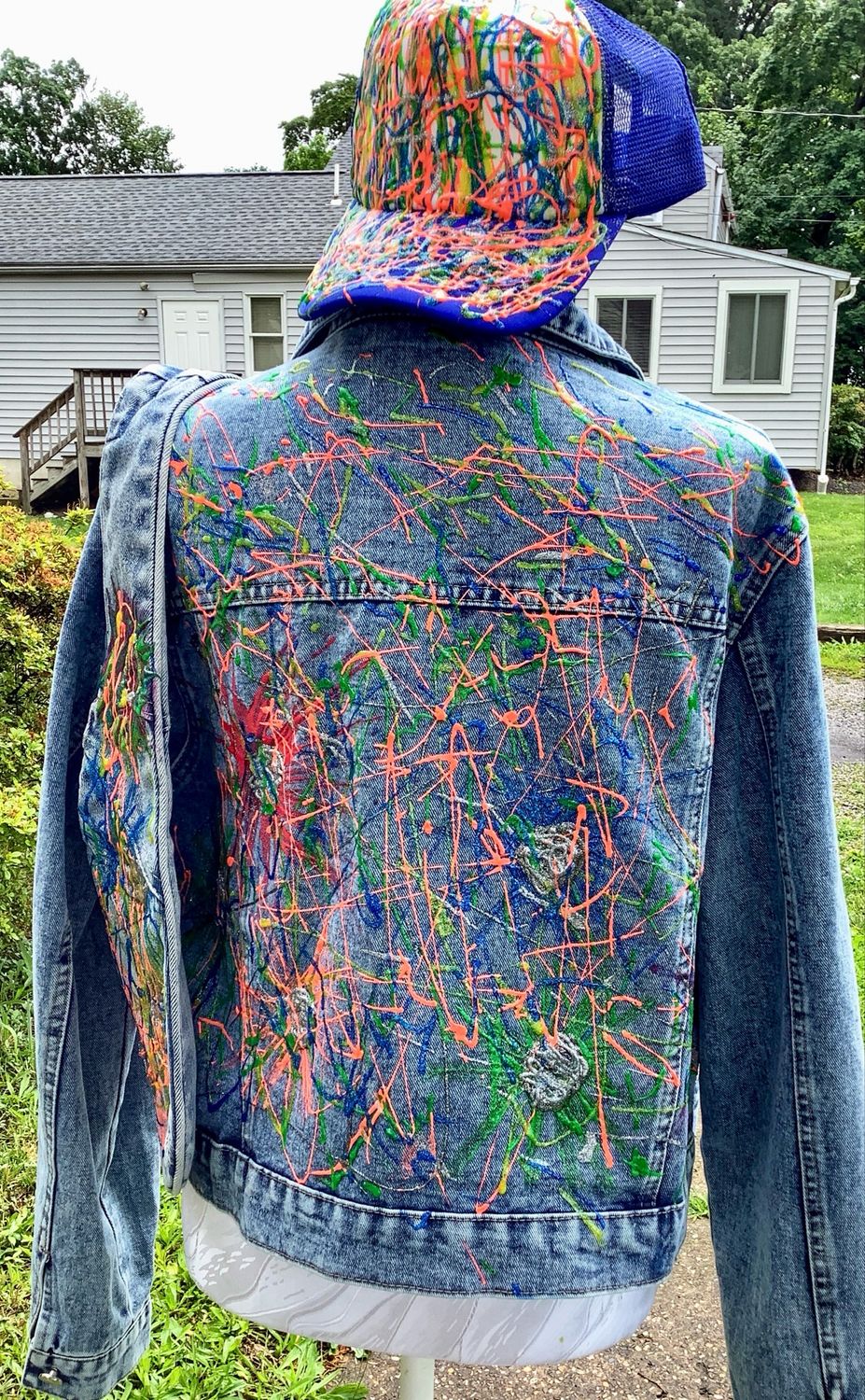 Fabric Painted Denim Jacket  Purse, And Otto Hat Set