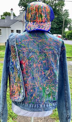 Fabric Painted Denim Jacket  Purse, And Otto Hat Set