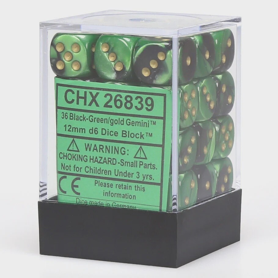 Chessex - Gemini 12mm D6 Black-Green/Gold Block (36)