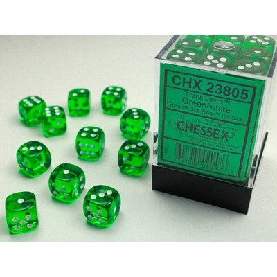 Chessex: Translucent Green/White - 12mm d6 (36 Dice)