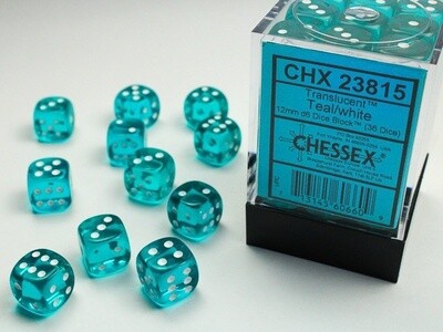 Chessex D6 Translucent 12mm d6 Teal/white Dice Block (36 dice)